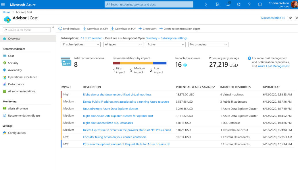 menu de azure advisor