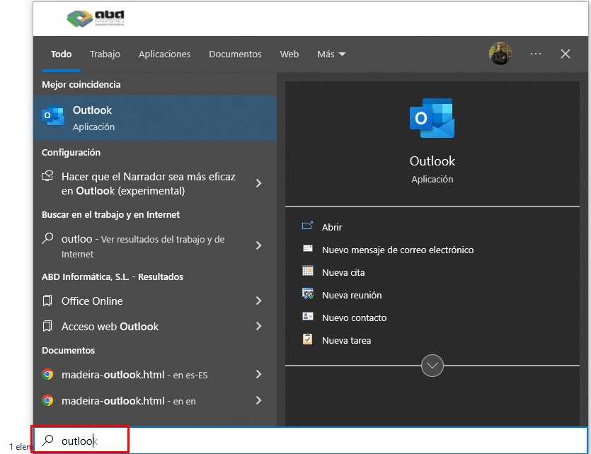 Busqueda de outlook en inicio