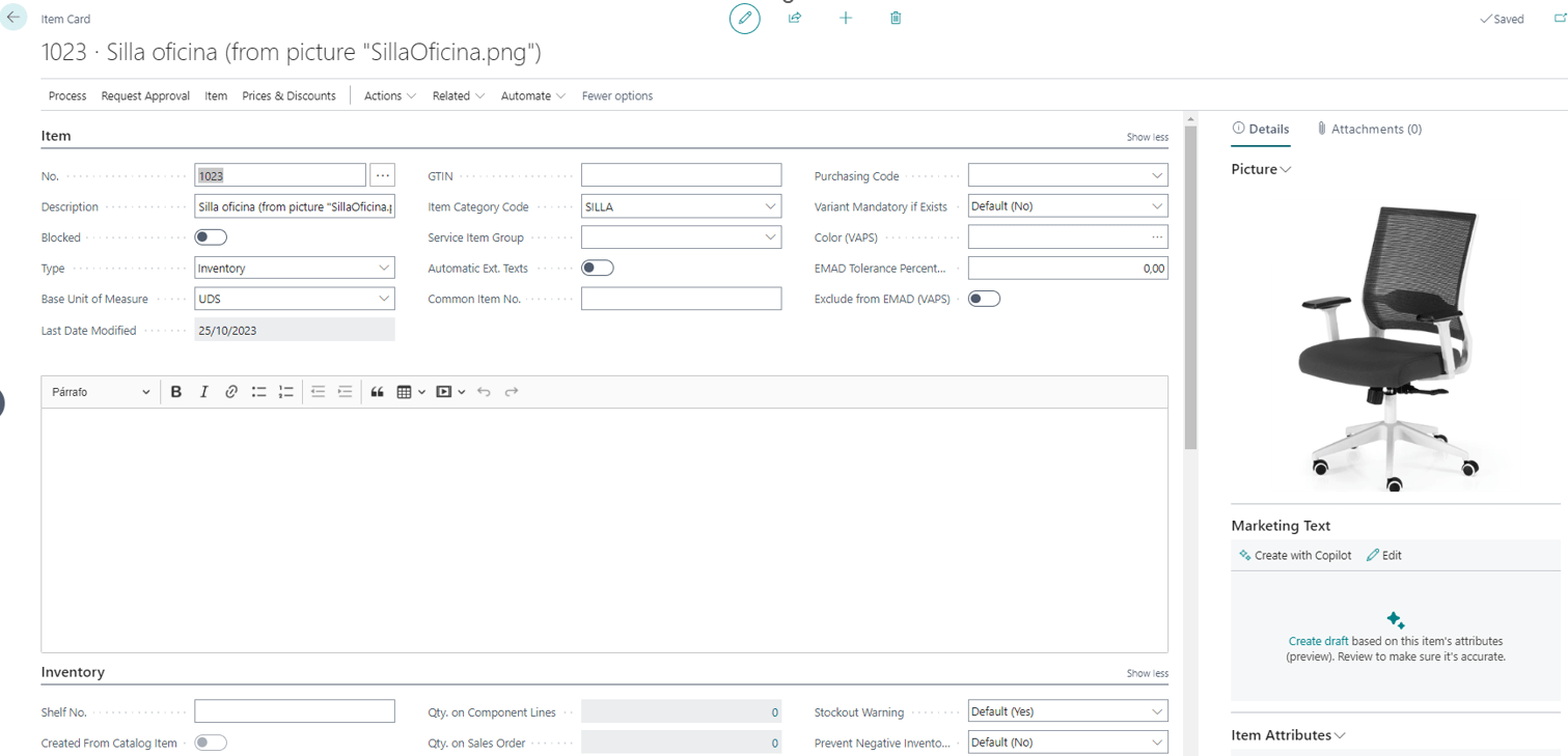 Proceso de creación de descripciones de productos en Dynamics 365 Business Central con Copilot