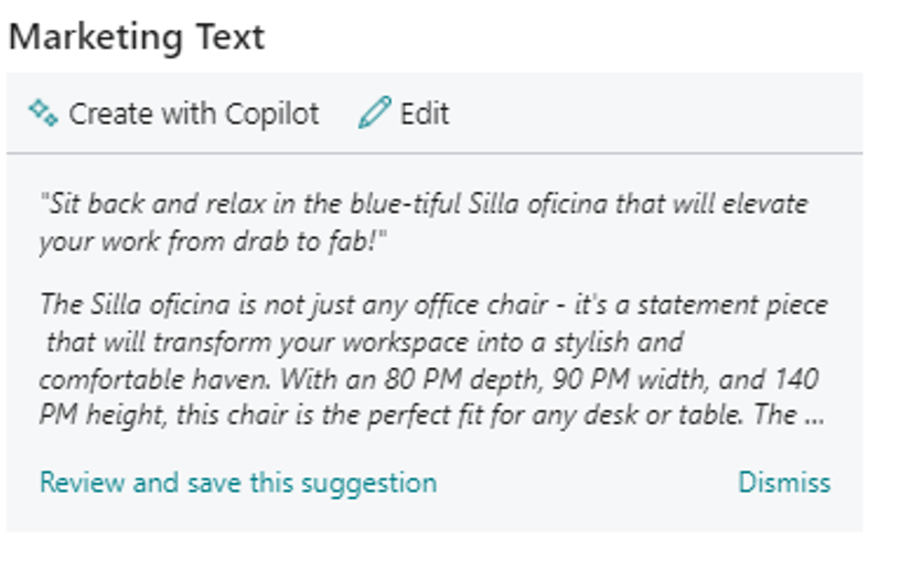 Texto de marketing generaro en Dynamics 365 Business Central con Copilot