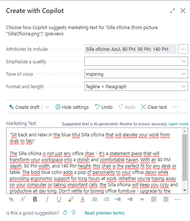 Proceso de creación de descripciones de productos en Dynamics 365 Business Central con Copilot.