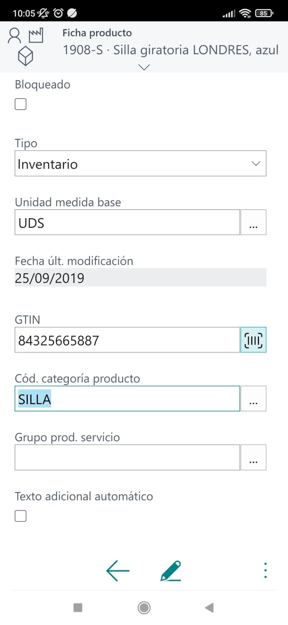 Pantallazo de la página de seguimiento de inventario en Business Central, mostrando la información detallada de los productos y su ubicación. 