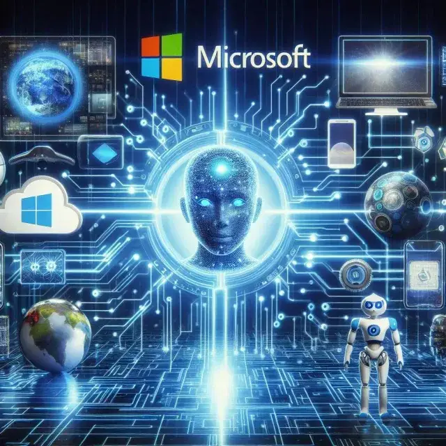 Ilustración de un logo de Microsoft con elementos de inteligencia artificial.