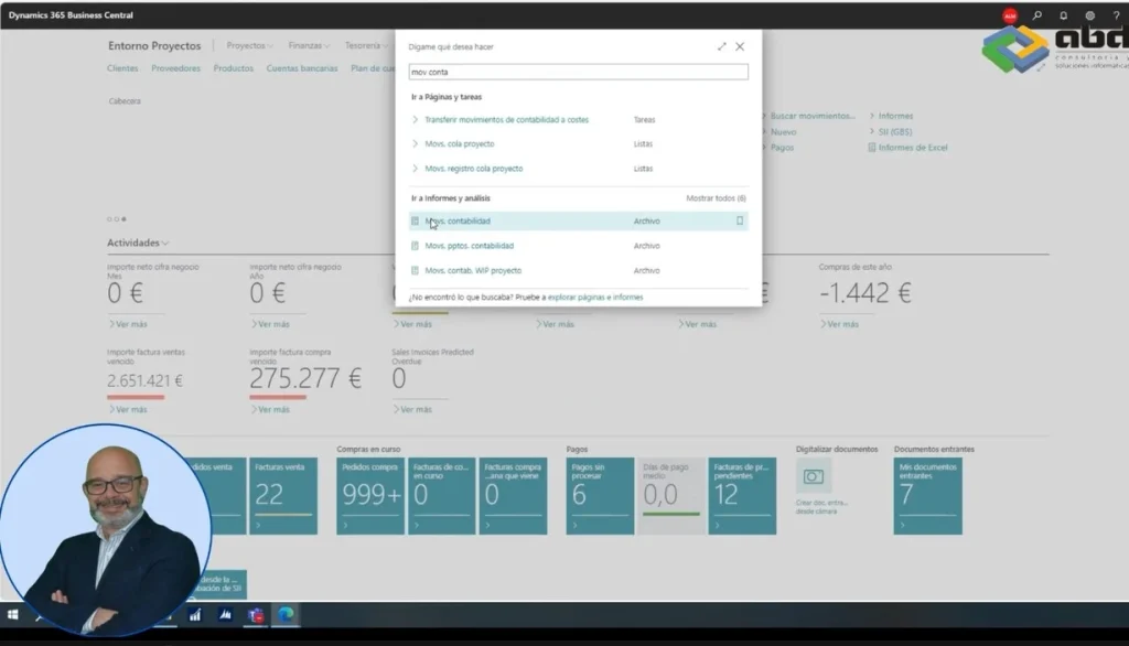 Acceso a los Movimientos de Contabilidad: Accede al módulo de movimientos de contabilidad dentro de Dynamics 365 Business Central. Esto te permitirá visualizar todos los movimientos financieros registrados en el sistema. 