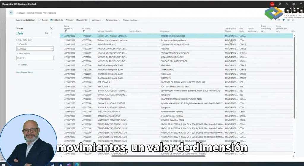 Filtrado de Movimientos: Utiliza los filtros disponibles para seleccionar los movimientos específicos que deseas modificar. Por ejemplo, puedes filtrar por cuenta contable o por fecha de registro para identificar los movimientos pertinentes. 