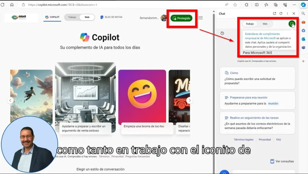 Identifica el icono de Datos Empresariales protegidos en Microsoft Copilot tambien en el buscador de Edge