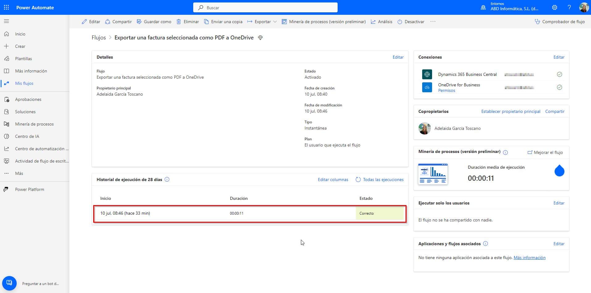 ¿Cómo exportar una factura PDF desde Business Central a OneDrive con Power Automate? Lo ejecutamos y comprobamos que funciona correctamente: