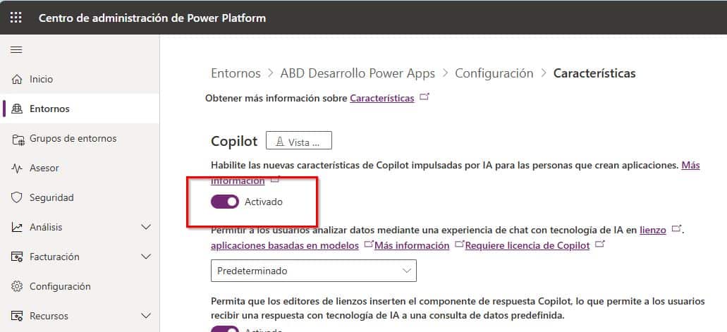 En la página de configuración tienes un menú desplegable de productos. Haga clic aquí y luego a la página de características donde puede habilitar Copilot AI. En caso de que no administres el entorno, puede hacerlo tu administrador. 