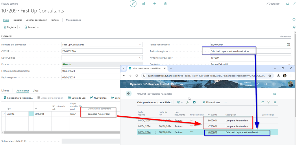El contenido de la descripción de las líneas se mostrará en las cuentas de gasto e IVA, y el texto de registro en las cuentas de proveedor