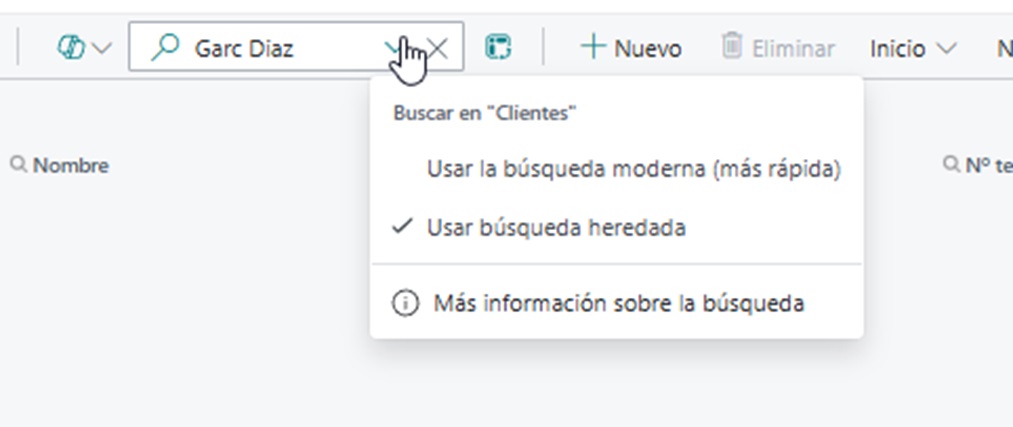 Con la nueva búsqueda moderna vemos que ahora tenemos en el cuadro de búsqueda un nuevo desplegable